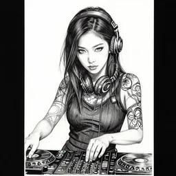 a very intricate portrait of female dj, realistic drawing ink, tsutomu nihei, cover art