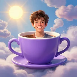 portrait of a ( ( ( a big purple coffee cup ) ) ) ), ( ( ( handsome young hot cheerful italian boy ) ), full of clouds and magic, the sun, concept character, by greg rutowski and tezuka and oi and oi and a lot and bierstadt and remington, trending on artstation