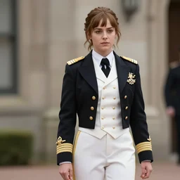 katniss everdeen as a navy admiral, wearing a mess jacket, white waistcoat, gold - laced trousers