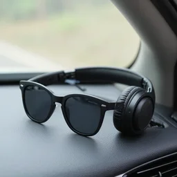 a car with sunglasses and headphones
