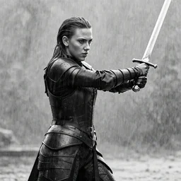 black and white scarlett johansson wearing rain soaked armour in the pouring rain, swinging a sword in frank frazetta manga style, hyper realism, pencil and ink, full body action pose, dynamic lighting in a post apocalyptic city, at night with dramatic moonlight, drawn with added movement effects, cinematic effects vfx, dynamic pose, dynamic angle