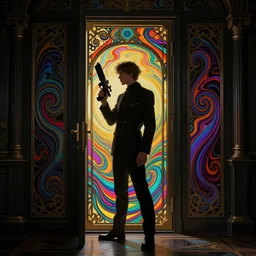 man stands with a blaster at the door, dark room, side profile centered, by artgerm, cushart krenz, greg rutkowski, james jean. art nouveau. gloomhaven, swirly vibrant ripples, gaudy colors, sharp edges. ultra clear detailed. 8 k. elegant, intricate, octane render