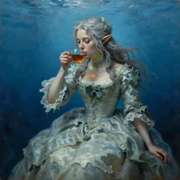 a 1 8 th century, messy, silver haired, ( ( ( mad ) ) ) elf princess ( look like ( ( young kate winslet ) ) ), dressed in a ( ( ragged ) ), wedding dress, is ( ( drinking a cup of tea ) ). everything is underwater! and floating. blue, theatrical, fantasy oil canvas by jakub rozalski, jan matejko