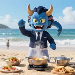 4 5 mm 1 9 8 7 cooking food photography of an corporate mascot at a beach summoning an anime demon, photography by tyler mitchell johfra bosschart