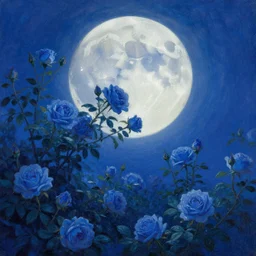 a beautiful painting of the moon fell into the blue roses bushes, thomas kinkade style, trending on artstation, - w 1 0 2 4