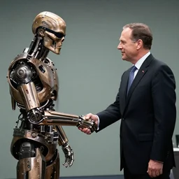 press photography of the Terminator T-800 making a deal with the ceo of Darpa,