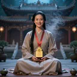 vietnamese smiling sitting priestess, professional award - winning photo mystical chinese temple night, tea vapors, detailed soft digital fantasy art