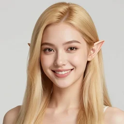 portrait, 3 0 years old women : : fantasy : : long straight blonde hair, beeing happy, smiling, pointy ears : : attractive, symmetric face : : brown medieval cloting, natural materials : : high detail, digital art, rpg, concept art, illustration
