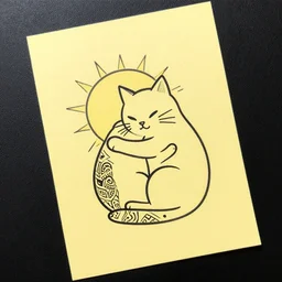 tattoo sketch of a cat hugging the sun, on a yellow paper, maori ornament, polinesian style, minimalism, vector