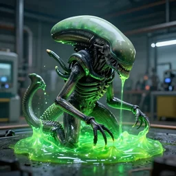 a xenomorph emerging from a glowing green slime, slick surfaces, photograph captured in a factory