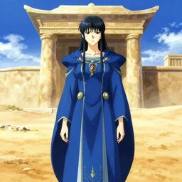 centered portrait of the sapphire herald at a desert temple, hidari, color page, tankoban, 4K, tone mapping, Akihiko Yoshida.
