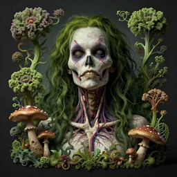 a beautiful detailed rococo 8 0's photo of a rotten woman corpse becoming almost a skull with face muscles, veins, arteries, fractal plants and fractal flowers and mushrooms growing around, intricate, ornate, volumetric light, beautiful lit, beetlejuice