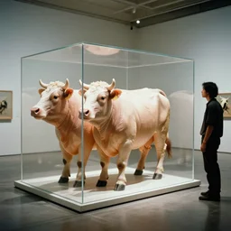 conjoined triplets inflated to the size of cows. they are compressed into a perspex cube. they are being observed by a man. a man who has the torso of a horse inside his skull. this is the future. the year is 3 9 0 0. 3 5 mm film, art gallery with beautiful lighting. photographic masterpiece.