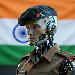 indian army, cyberpunk, indian flag, fractal, close up, portrait, cinematic, bio, india, robot