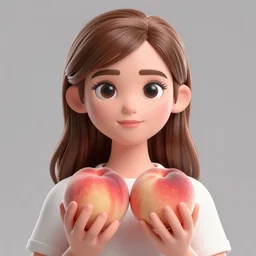 a 3 d model of a beautiful emma watson holding two peaches, fixed eyes, perfect symmetrical lips, unreal engine, cinema 4 d, intricate details, 8 k, ultra realistic, super detailed, octane, ray tracing, artstation, beeple, shiny plastic viny look