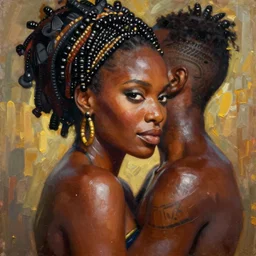 expressive oil painting, of alluring jamaican princess, smooth glowing skin, oiled body, pretty eyes, love, adoration, ornate african headpiece of black beads, tattoo, glamour shot, by yoshitaka amano, by greg rutkowski, by jeremyg lipkinng, by artgerm, digital art, octane render