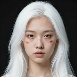 a portrait of an Asian girl with stark white hair and a birth mark on her face. By Geoffroy Thoorens and JC Leyendecker.