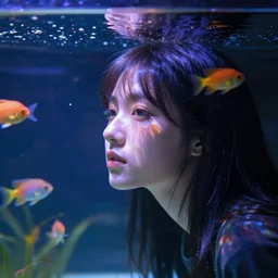 girl head in a aquarium, lights caustic, tropical fish, surreal photography