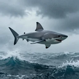 a shark flying in the sky in a rough sea, sea of thieves style, unreal engine, cinematic, waves, fog, clouds, rain