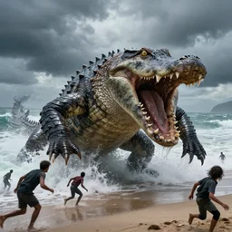 a gigantic monster that looks like a mixture of monkfish with crocodile limbs, wet and slimy with a very large mouth, is coming out of the sea dragging its enormous weight with effort on a beach, there are people fleeing in terror, photo-realistic, stormy sky, photo by national geographical
