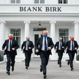 dramatic cinematic bank robbers running out of white bank wearing trump masks by Emmanuel Lubezki