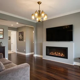 a modern living room with dark wood floors and muted colored walls, adjacent hallways, and a wall sized 6 0's hollywood fireplace, low hanging art deco chandeliers.