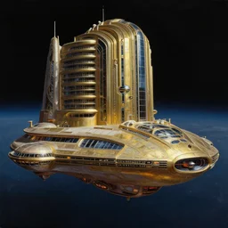 exterior spaceship shot of the atlantis paradise, a retro futuristic spaceship made of brass bronze gold, art deco influence, hotel style design. in orbit, in space. beautiful clear well composed painting by artgerm and greg rutkowski.