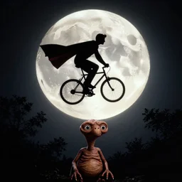 superman riding a bike across the full moon as silhouette, from the movie e. t. the extra terrestrial, with dark trees in foreground, cinematic frame by steven spielberg, hd
