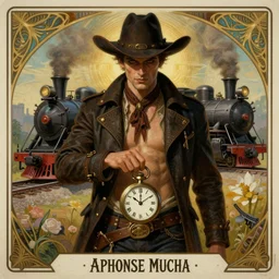 a dramatic ethereal epic symmetrical painting of a handsome villainous cowboy | he wears a jacket with no shirt and he has a pocketwatch | background is a locomotive railroad railway steamtrain | tarot card, art deco, art nouveau, (steampunk), homoerotic | by Mark Maggiori ((((and Alphonse Mucha))) | trending on artstation