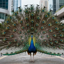 highly detailed photo of peacock spreading feathers in the middle of futuristic city, hyper realistic, concept art, 8 k detail post - processing
