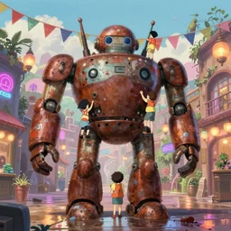 memorable animation key shot, anime movie screenshot, kids climbing up the giant bulbous rusty robot schwerer gustav!!!!, bunting, neon, dim lanterns, grafitti!!, wet reflections, ghibli, themepark, by mandy jurgens, by satoshi kon, ilya repin, lena aenami, daylight pastel color palette