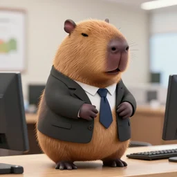 capybara standing on an office desk wearing a suit and tie, close up photo