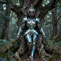 hyperrealistic neo - baroque super expressive! black woman with exoskeleton armor, merging with tree in a forest, highly detailed digital art masterpiece smooth cam de leon hannah yata dramatic pearlescent blue green light ground angle hd 8 k sharp focus