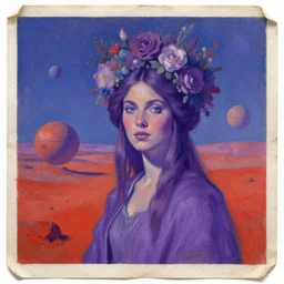 aged paper, portrait oil painting, a beautiful young woman, purple and blue coloring, floral headdress bouquet, landscape, on primitive red planet, retrofuture, fantastic planet, edgar rice burroughs, moebius, valerian, coherent, illustration, digital art, trending on artstation, hd, 8 k, good lighting, beautiful, rough paper, masterpiece