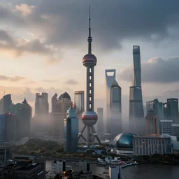 nuclear winter, shanghai city, near future, fantasy, sci - fi, hyper realistic, serene, morning.