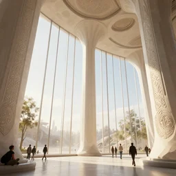 the inside of a museum that is inside a monument with norse mythology motifs, by tim blandin and arthur haas and bruce pennington and john schoenherr, big windows architecture by zaha hadid, octane render, warm colour scheme, white, cinematic, scenery, cgsociety, modernism, futuristic, trending on artstation, sci - fi, high detail, high quality, close up angle, people walking