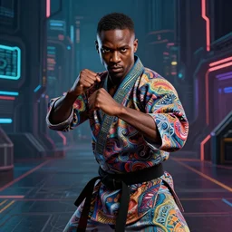 hyper realistic portrait of an african martial artist in combat stance in the middle of a broad cyberpunk background with lots of space all round, perfect face, fine details, colorful patterns, studio lighting, subtle shadows, art by tim okamura and karol bak, canon eos r 3, f / 1. 4, iso 2 0 0, 1 / 1 7 0 s, 8 k, raw, unedited, in - frame