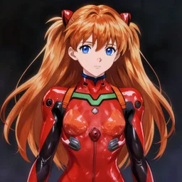 asuka langley sohryu is a female mecha pilot with long orange hair and dark blue eyes. her hair is loose with the flanks held in twintails. she wears a tight red latex bodysuit for piloting, stylized with fancy layers and white accents. evangelion character art by yoshiyuki sadamoto