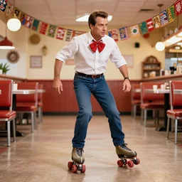President Nixon wearing roller skates, roller-skating in a Mexican restaurant, Mexican decorations in the background, award-winning front-page newspaper photograph, grainy