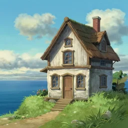 little house in the middle of the sea, anime style, heartstone, art by studio ghibli, digital art