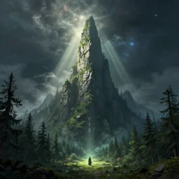 a single tall mountain reaching towards space, an ecological gothic scene with a beautiful druid in the distance, witch runes in the deep forest, magical clearing, sunshafts, dramatic lighting, dust motes floating in the sunlight, 4 k graphic design