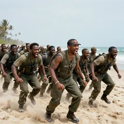 an army of many Kayne West screaming soldiers storming the beach