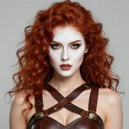a single fierce looking beautiful young woman warrior with curly red hair and symmetrical white makeup, wrapped in leather straps, wearing an intricate head dress made from bones and leather, painted by turner, intricate linework, radiant light, detailed and intricate environment