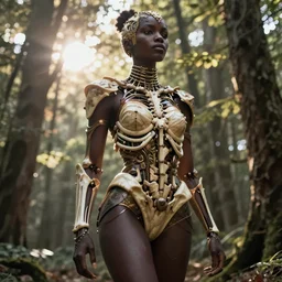 hyperrealistic long shot mithra gorgeous black woman intricate exoskeleton bone armor in a forest sun behind her concept art eric zener elson peter cinematic light low angle hd 8k sharp rack focus