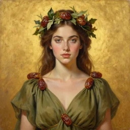 epic painting, full figure portrait of beautiful goddess wearing olive blouse with with sweet dried dates fruits, medjool dates, dried dates,, tea leaves bridal crown, golden glow background, drawing, photography by amy leibowitz, wlop, jeremy lipkin, beeple, brown hair, symmetrical front facing portrait, artgerm