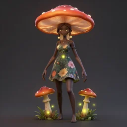 a clothed dark skinned anthro fungal mushroom woman with long arms and long legs wearing a floral dress, fireflies, vivid colours, ultra realistic,, cg society contest winner, behance contest winner, artstation, 4 k uhd art, unreal engine 5