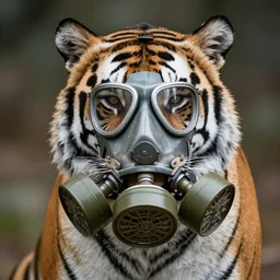 portrait of a tiger wearing gasmask by Johanna Martine and Peter Kemp