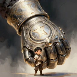 a tiny warrior kid with a massive gauntlet, smooth, intricate, elegant, digital painting, artstation, concept art, sharp focus, illustration, art by philippe druillet,