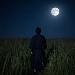 a samurai pondering the stars while standing in a field of tall grass, full moon, dark lighting