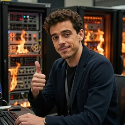 Rami Malek as a system administrator, doing a thumb up, there are servers in flames in the background, 35mm